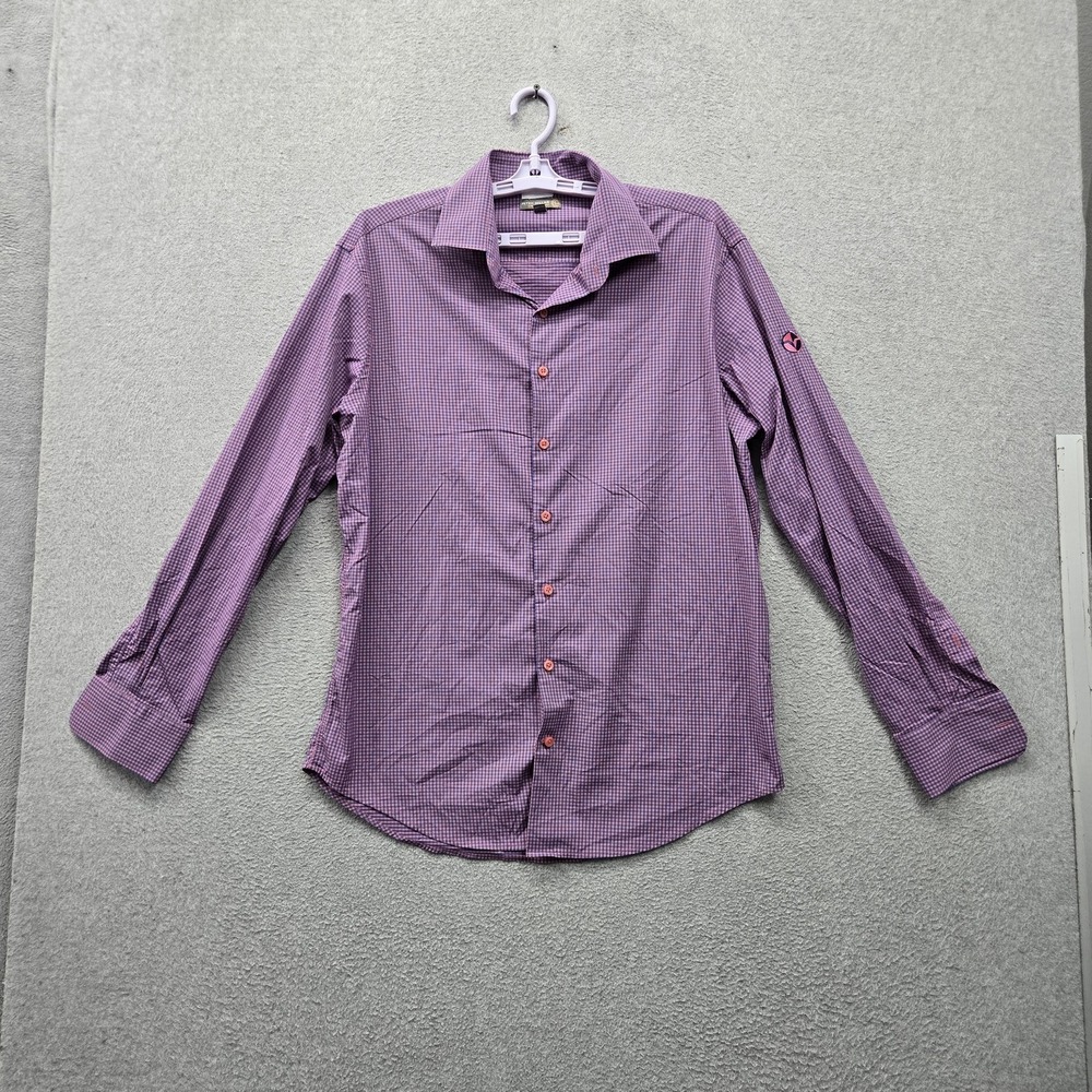 Peter Millar Men Button Up Shirt L Pink Embroidered Check Summer Comfort